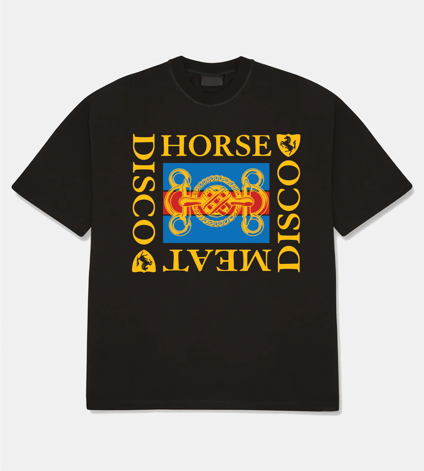 Horse Meat Disco Snaffle Black Tee - Blue / Red / Yellow