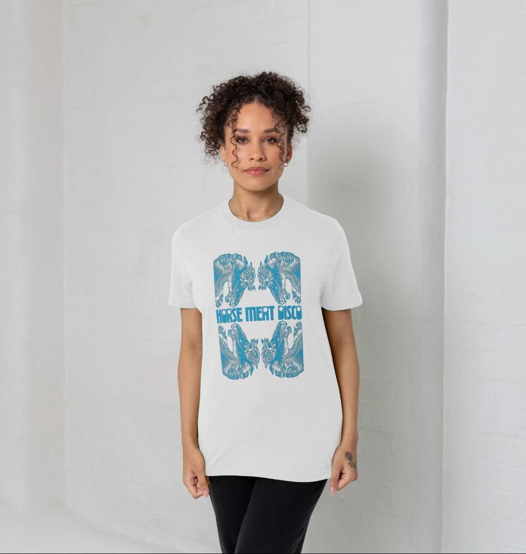 4 Horses Etch T-Shirt - Turquoise Print on White